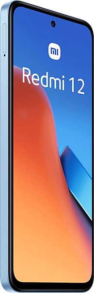 Xiaomi Redmi 12 smartphone front view with blue and orange gradient display, centered camera notch, and light blue frame
