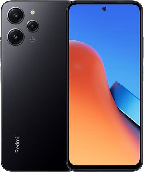 Xiaomi Redmi 12 front and rear view, black phone with triple rear cameras and blue gradient display showing colorful wallpaper