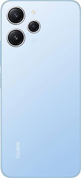 Xiaomi Redmi 12 rear view, light blue, showing triple camera setup and Redmi branding