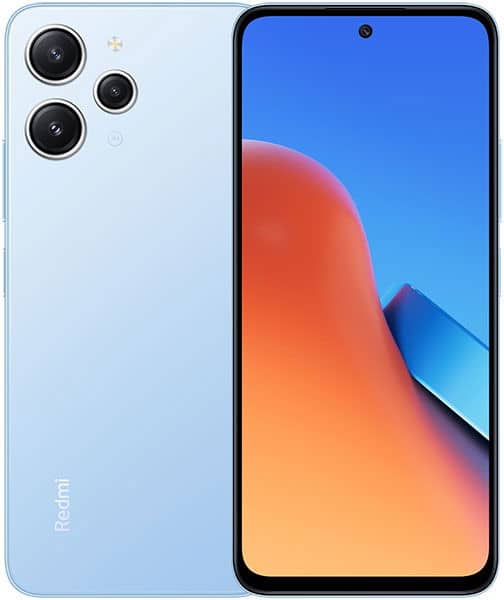 Xiaomi Redmi 12 front and rear view, light blue finish with triple rear camera setup and blue gradient display