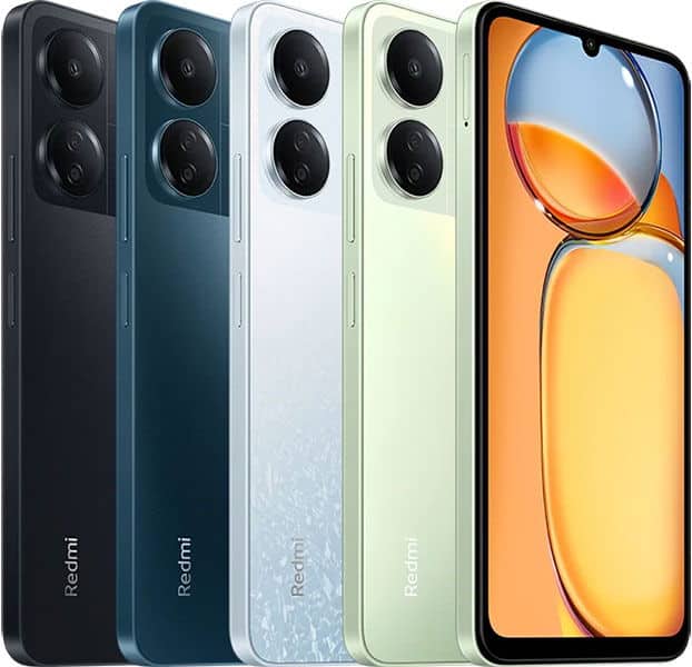 Xiaomi Redmi 13C rear view in four color options: black, teal, white, and light green, with dual camera setup. Right side shows front display with orange and yellow gradient wallpaper