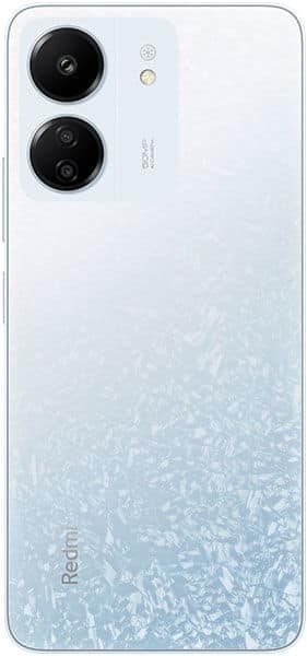 Xiaomi Redmi 13C rear view, white with dual black camera lenses and textured gradient design fading to blue at bottom