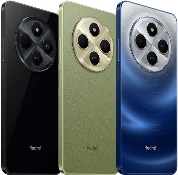 Xiaomi Redmi 14C rear view in three color variants: black, sage green, and blue, each showing quad camera setup