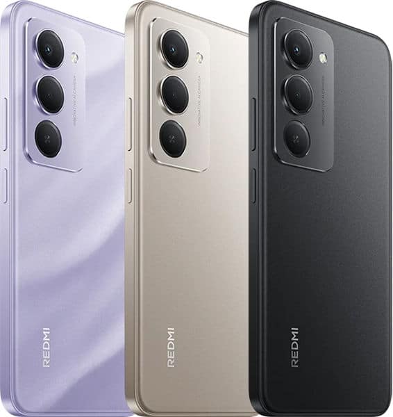 Xiaomi Redmi 15 4G rear view in three color variants: purple, beige, and black, each showing triple camera setup