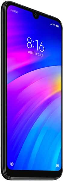Xiaomi Redmi 7 front view with screen displaying time 8:16 and colorful gradient wallpaper in blue, pink, and purple tones