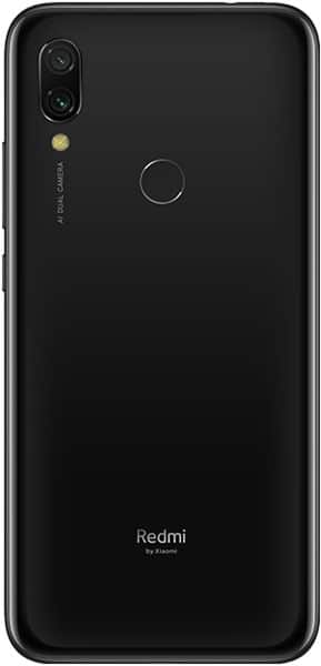 Xiaomi Redmi 7 rear view, black, showing dual camera, fingerprint sensor, and Redmi branding