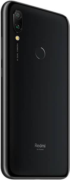 Xiaomi Redmi 7 rear view, black, showing dual camera and fingerprint sensor