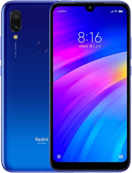 Xiaomi Redmi 7 front view, blue finish, displaying colorful gradient wallpaper on screen with time 8:16 and dual rear cameras visible on left side