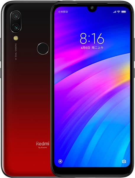 Xiaomi Redmi 7 front and rear view, black to red gradient finish, dual rear cameras, 8:16 display with colorful wallpaper