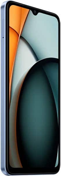 Xiaomi Redmi A3 smartphone displayed from the front, showing the screen with orange and teal abstract wallpaper and a waterdrop notch at the top