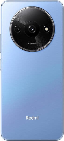 Xiaomi Redmi A3 rear view, light blue back with circular camera module containing three lenses and flash