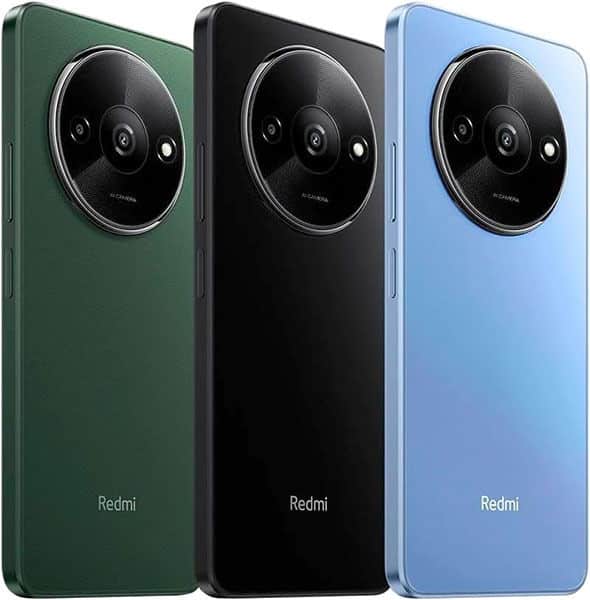 Xiaomi Redmi A3 rear view showing three color variants: green, black, and blue, each with circular camera module and Redmi branding