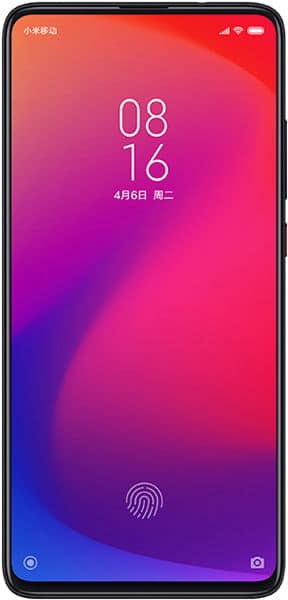 Xiaomi Redmi K20 front view with gradient red to purple display showing time 08:16, fingerprint sensor at bottom center, and camera lens in lower left corner