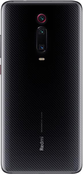 Xiaomi Redmi K20 rear view, black carbon fiber finish with triple camera module and LED flash