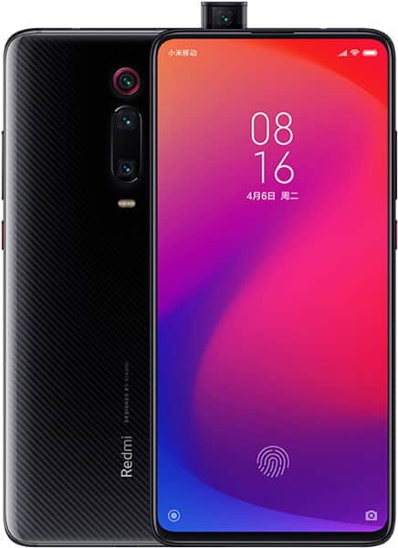 Xiaomi Redmi K20 front and rear view, displaying gradient red-to-purple screen with time 08:16 and fingerprint sensor below display