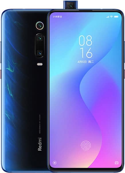 Xiaomi Redmi K20 front view with blue gradient back, triple rear camera setup, pop-up selfie camera, and gradient purple-to-pink display showing time 08:16