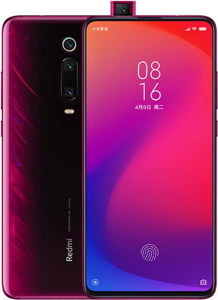 Xiaomi Redmi K20 front and rear view, showing red-to-purple gradient back, triple rear camera setup, and pop-up selfie camera with gradient display
