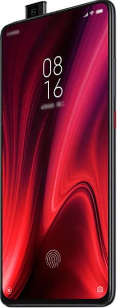 Front view of Xiaomi Redmi K20 Pro with red wallpaper, in-display fingerprint icon, pop-up camera, slim bezels, and side button.