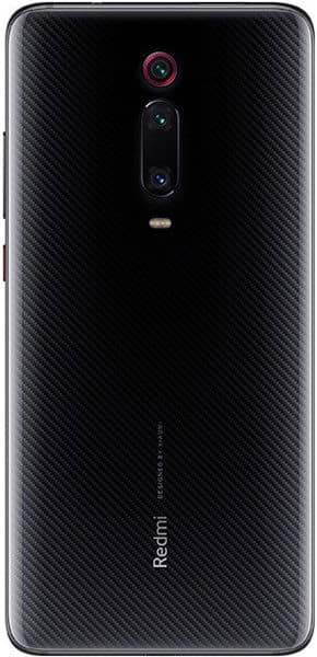Rear view of black Xiaomi Redmi K20 Pro with vertical triple cameras, flash below, and a subtle textured back pattern.