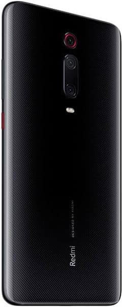 Rear view of black Xiaomi Redmi K20 Pro with center-aligned vertical triple cameras and small Redmi logo at the bottom.