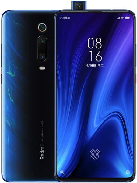 Xiaomi Redmi K20 Pro rear and front view; glossy black-blue back, triple cameras, pop-up selfie cam, bezel-less display.