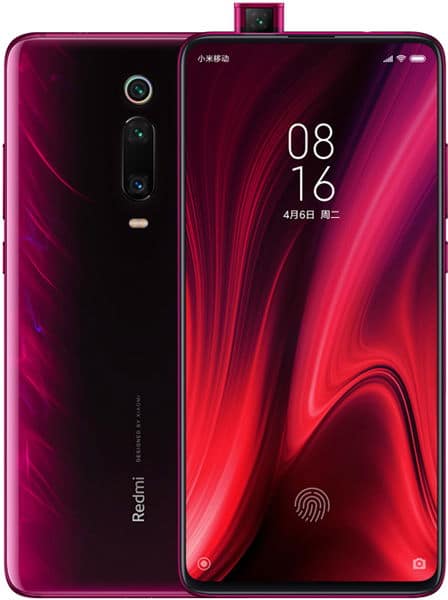 Xiaomi Redmi K20 Pro in red, front view with pop-up camera and fingerprint icon, rear view with triple vertical cameras.