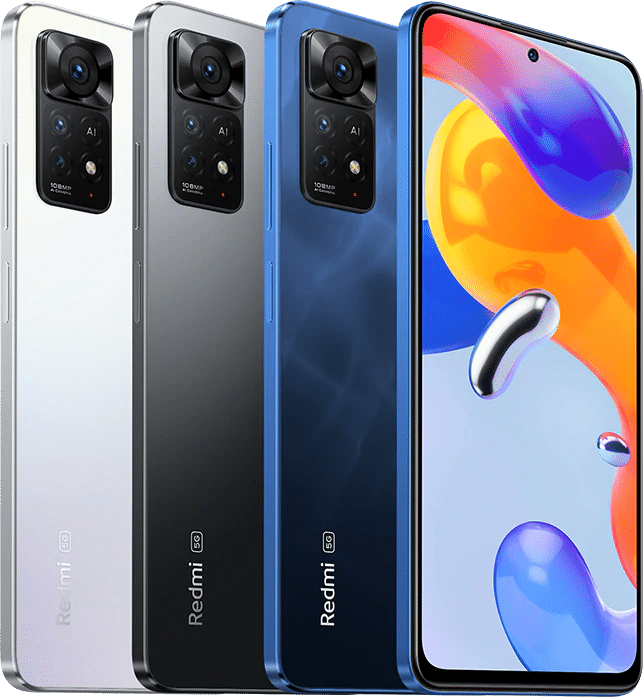 Xiaomi Redmi Note 11 Pro 5G in white, black, and blue, shown from rear and front angles displaying the camera module and colorful display