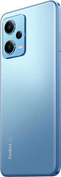 Xiaomi Redmi Note 12 5G rear view, light blue gradient finish with triple camera module and Redmi branding visible on side