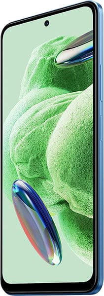 Xiaomi Redmi Note 12 5G front view showing display with green leaf and stylus design wallpaper, dark blue frame