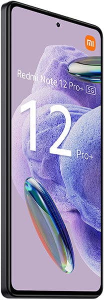 Black Xiaomi Redmi Note 12 Pro+ from angled front, screen on with model name over a purple abstract background.