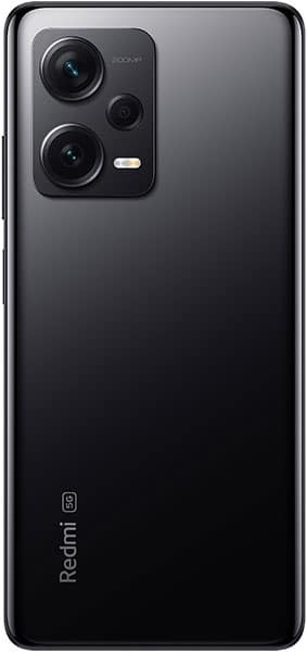 Rear view of black Xiaomi Redmi Note 12 Pro+ 5G with triple cameras, flash top left, Redmi and 5G logos at the bottom.