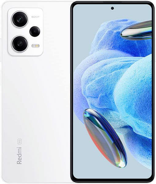 Xiaomi Redmi Note 12 Pro front and rear view showing white body, triple rear cameras, and display with blue abstract wallpaper