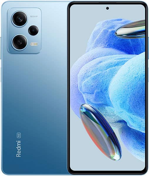 Xiaomi Redmi Note 12 Pro rear and front views, showing blue gradient back with triple camera setup and display with blue abstract wallpaper