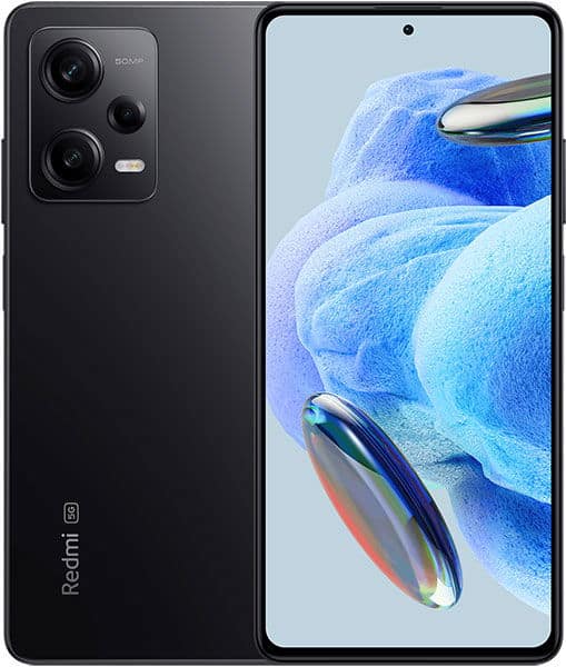 Xiaomi Redmi Note 12 Pro, rear and front view. Black phone with quad camera setup displayed against abstract blue and white screen wallpaper