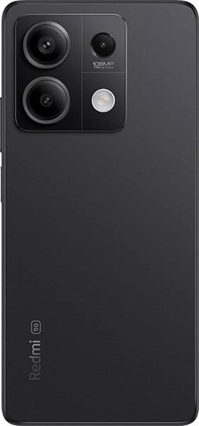 Xiaomi Redmi Note 13 5G rear view, black phone with dual camera module and flash button