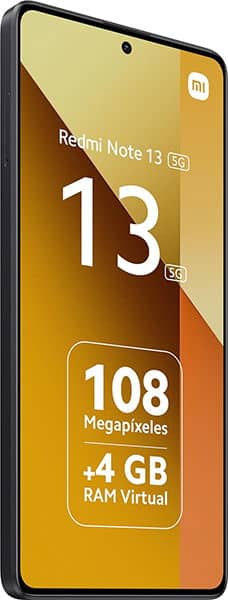 Xiaomi Redmi Note 13 5G front view displaying screen with specs: 13 megapixels, 108 megapixels camera, 4GB RAM Virtual