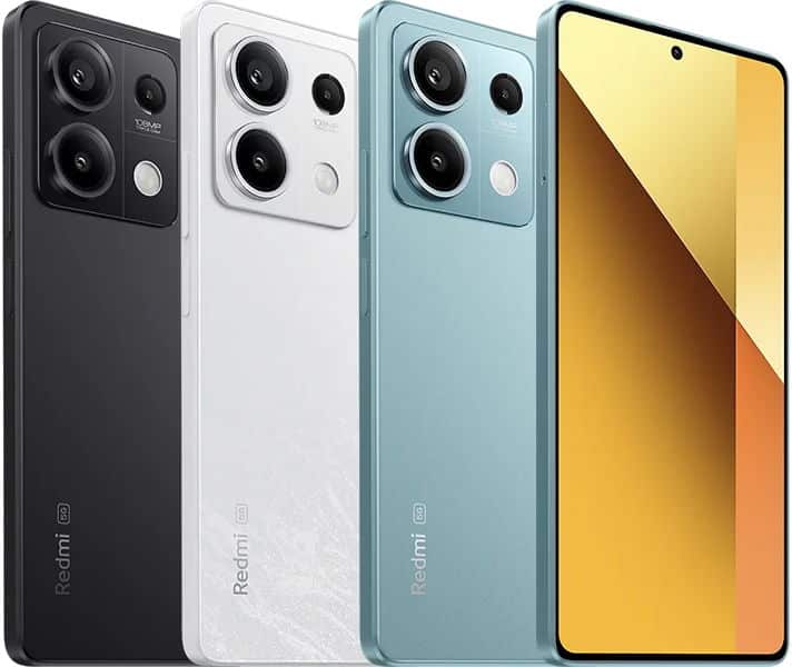 Xiaomi Redmi Note 13 5G in black, white, and blue, shown from rear and front views displaying quad cameras and yellow-gradient display