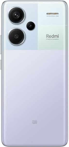 Xiaomi Redmi Note 13 Pro+ 5G rear view showing dual large camera lenses and smaller sensor, lavender gradient back panel