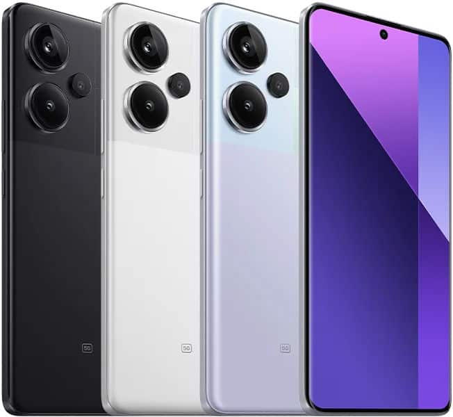 Xiaomi Redmi Note 13 Pro+ 5G in four color variants shown from the rear, displaying triple camera setup and colored screens