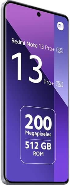 Xiaomi Redmi Note 13 Pro+ 5G front display showing purple gradient wallpaper with spec details: 200 megapixels, 512GB ROM