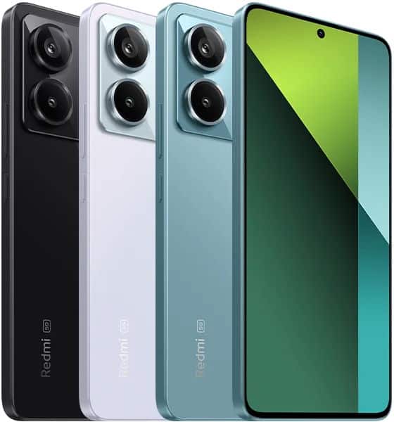 Xiaomi Redmi Note 13 Pro 5G in black, white, and blue shown from front and rear; dual back cameras, centered punch-hole display.