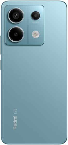 Rear view of blue Xiaomi Redmi Note 13 Pro 5G, triple camera and LED flash top left, Redmi 5G logo bottom left.