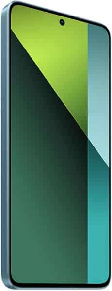 Front view of Xiaomi Redmi Note 13 Pro 5G with blue frame, edge-to-edge display, centered selfie camera, and green-teal gradients.