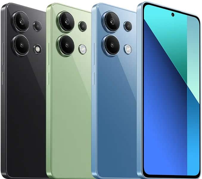 Xiaomi Redmi Note 13 4G rear view in black, green, and blue color options, showing quad camera setup and display with gradient wallpaper