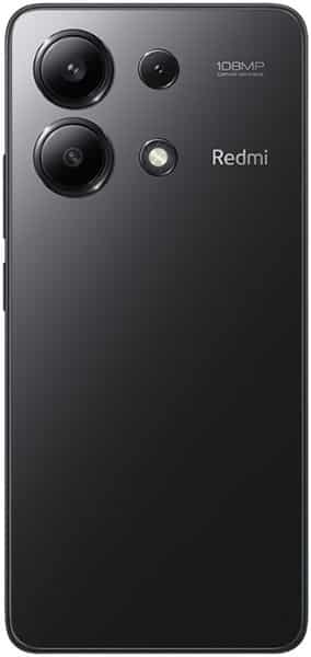 Xiaomi Redmi Note 13 4G rear view showing dark gray back with dual camera setup, LED flash, and Redmi branding