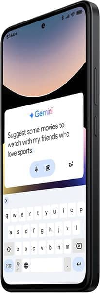 Front view of Xiaomi Redmi Note 14 4G showing Gemini app with a sports movie query and on-screen keyboard visible.