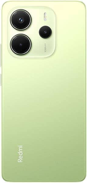 Rear view of green Xiaomi Redmi Note 14 4G showing triple cameras, flash in top left, and Redmi logo at bottom left.