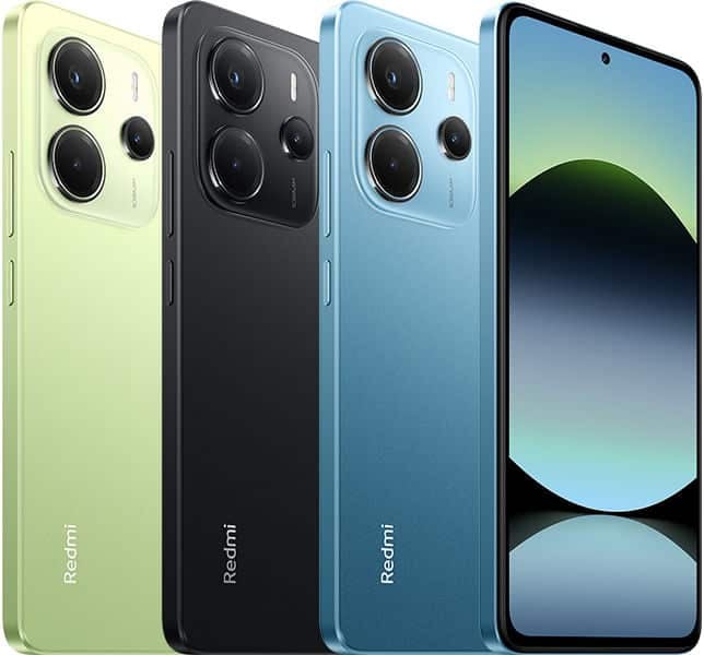Four Redmi Note 14 4G phones upright in green, black, and blue; three show rear cameras, one shows front with punch-hole display.