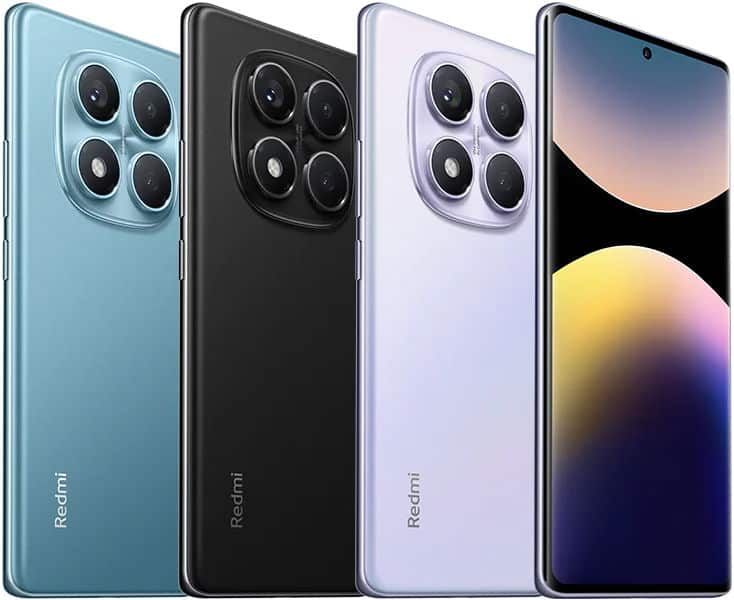 Xiaomi Redmi Note 14 Pro 4G shown from rear in blue, black, and lavender, displaying quad camera setup and curved display edge
