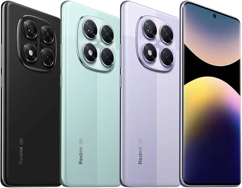 Xiaomi Redmi Note 14 Pro 5G in four color variants: black, mint green, lavender, and dark blue, shown from rear and front angles displaying quad camera setup and display